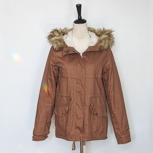 Love Tree Boutique Brown Faux Fur Trimmed Hood Sherpa Lined Jacket Coat Small